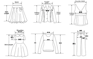 Detailed size guide chart showing measurement instructions for jackets and skirts