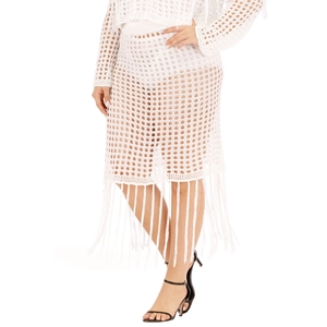 Detailed close-up of white crochet hollow-out knit fabric with long fringe tassels
