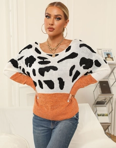 Detailed close-up showing the knit texture and color-block pattern of the sweater