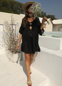 Robe de plage noire sexy au crochet avec col en V, ajourée et à manches clochettes
