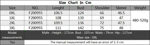 Detailed size chart for women's plus size long cardigan sweater from 0XL to 3XL
