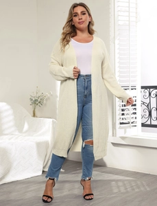 Detailed texture of cream knitted long cardigan with vertical ribbed pattern design
