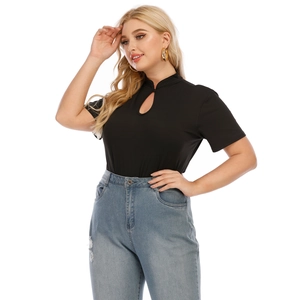 Detailed view of women's black slim fit top with teardrop cutout neck and short sleeves