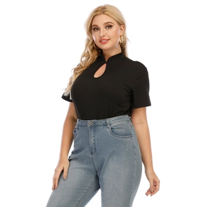 Women's plus size black cheongsam style top with hollow neckline and short sleeves