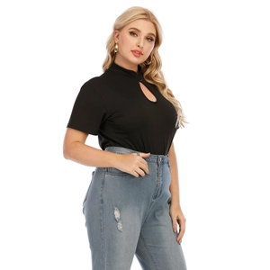 Detail of plus size black T-shirt with mandarin collar and teardrop cutout design