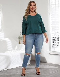 Women's V-neck dark green hollow out sleeve top with slim blue ripped jeans