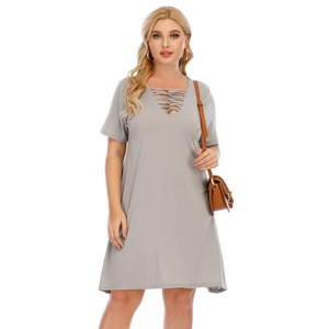Robe Grandes Tailles Femme Gris Col en V Croisé Manches Courtes Coupe Trapèze Mélange Coton Décontracté Robe Midi Été F200329