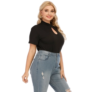 Plus size black short sleeve top with mandarin collar and teardrop cutout detail