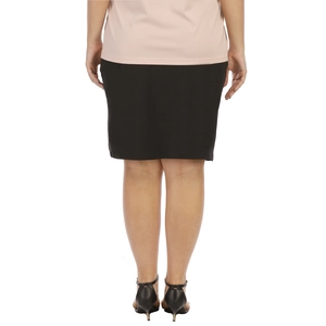 Rear view detail of a black pencil skirt with tiered hem and cross-over design