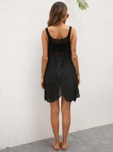 Detail of black crochet cover-up dress featuring intricate back hollow-out mesh paneling