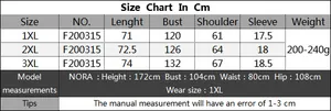 Detailed size chart for women plus size fringe T-shirt with measurements in centimeters