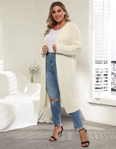 Chic beige long knit cardigan coat for women with open front and chunky texture