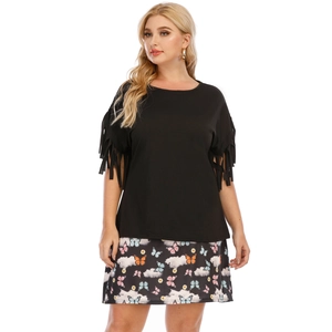 Plus Size Women Cotton Blend T-Shirt Fringed Tassel Sleeve Round Neck Short Sleeve Minimalist Casual Top For Everyday Summer