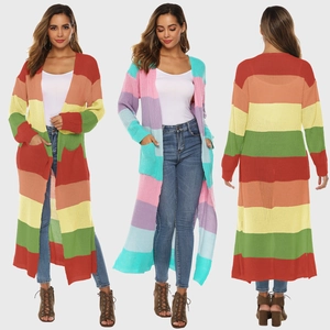 Women Colorful Rainbow Striped Knit Cardigan Open Front Long Sweater Thick Acrylic Outerwear With Pockets Side Slits