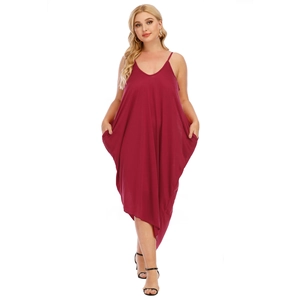 Detail view of plus size V-neck dress with thin straps and deep wine red fabric