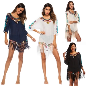 Women's Boho Crochet Beach Cover-up V-Neck Tassel Irregular Hem Smock Dress Polyester Beachwear Vacation Swimsuit Wrap Top