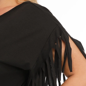 Women's black round neck top featuring stylish long fringe tassel details on shoulders