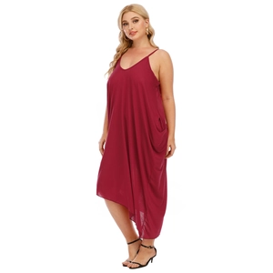 Detail view of plus size V-neck camisole dress with asymmetric hem and side pockets