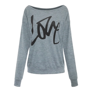 Damen Sweatshirt in Grau mit schwarzem LOVE-Aufdruck und modischen Fallschultern