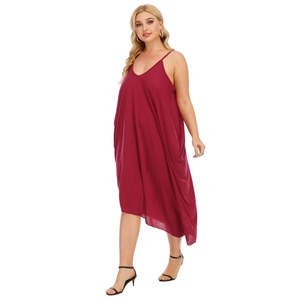 Plus size wine red V-neck camisole dress with loose irregular hem and functional pockets