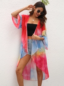 Tie-dye chiffon kimono cardigan with colorful gradient and flowing 3/4 sleeves for beachwear