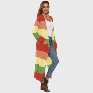 Women's long knit cardigan with vibrant rainbow stripes and side pockets