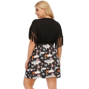 Plus size A-line dress featuring butterfly print and tassel sleeves on black bodice