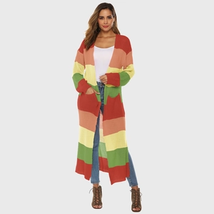 Detail view of long rainbow striped knit cardigan with vibrant color blocks and front pockets