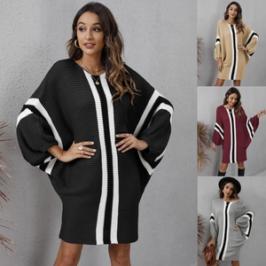 Robe en Maille Rayée à Manches Chauve-Souris pour Femmes Robe Pull Oversize Bloc de Couleur Décontractée Automne Hiver
