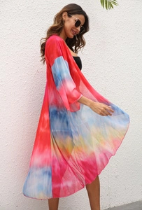 Women's lightweight tie-dye chiffon beach kimono cardigan with colorful airy mesh fabric