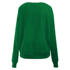 Rückansicht eines dunkelgrünen Rundhals-Sweatshirts mit geripptem Saum und Bündchen