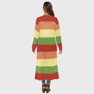 Back view of long rainbow striped knit cardigan featuring vibrant multicolor split hem