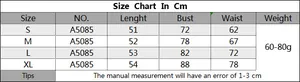 Detailed size guide for women's asymmetrical vest A5085 including bust and waist data