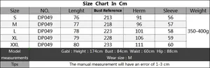 Size chart table for loose knit dress featuring length, bust, and sleeve measurements