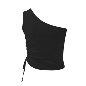 Detail of black one-shoulder cropped top featuring adjustable side drawstring ruching