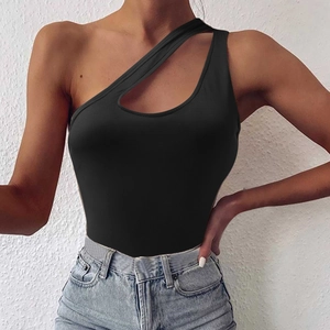 Detail of black one-shoulder cutout bodysuit in high-elastic knit fabric