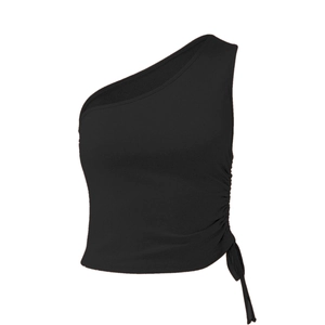 Detailed view of the ruched side drawstring and black fabric texture on the shoulder top