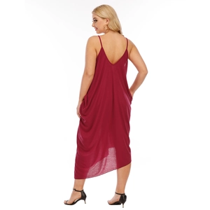 Burgundy plus size V-neck camisole dress with loose fit and functional side pockets