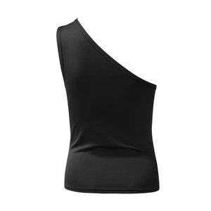Sleek black one-shoulder tank top for women featuring a slim fit and silky finish