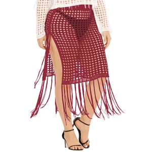 Sexy burgundy crochet hollow out beach skirt with high slit and long fringe tassels