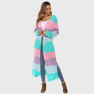 Women long knit cardigan with multi-color pastel block stripes and side pockets