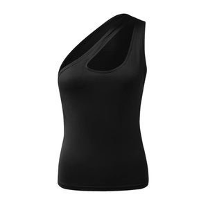 Women's black asymmetric one-shoulder tank top with sexy geometric cutout detail