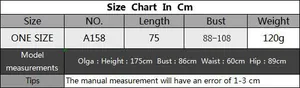 Size chart for the crochet tassel beach cover-up dress showing detailed cm measurements