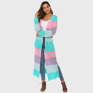 Detail of multi-color rainbow striped knit cardigan with large functional side pockets