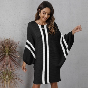 Loose knit sweater dress with contrast black and white stripes and batwing sleeves