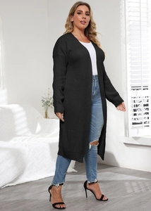 Women's plus size black long knit cardigan sweater with an open front minimalist design