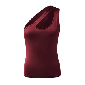 Detail view of burgundy one-shoulder cutout tank top with ribbed slim fit fabric