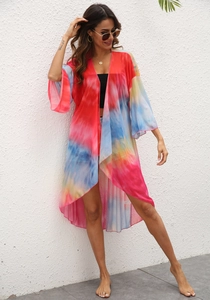 Women's tie-dye mesh cardigan with irregular hem and colorful abstract summer print