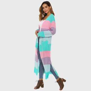 Detail of color-block striped knit cardigan with side slits and deep functional pockets