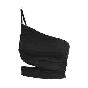 Detail of black one-shoulder cropped top featuring side ruching and waist cut-out design
